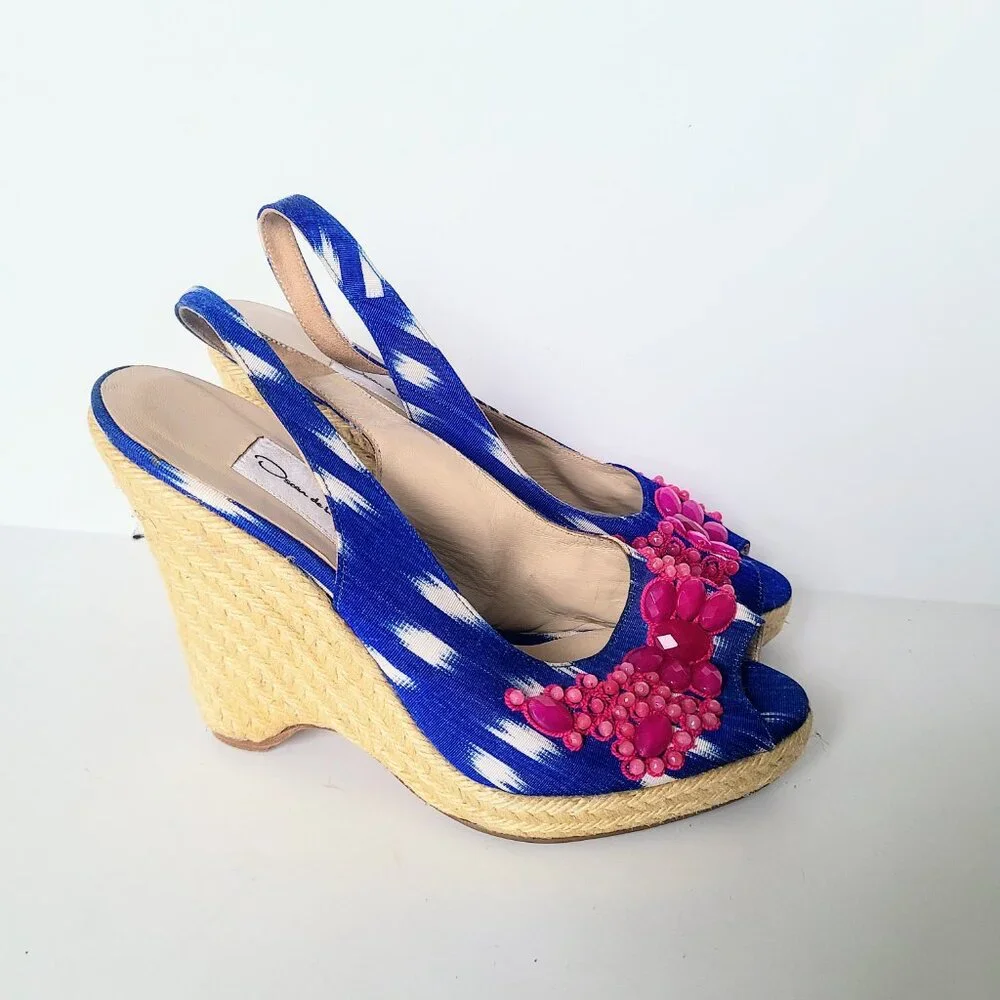 Oscar De La Renta Blue/White Print Slingback Espadrille Wedge Sandal Heels EU 40 - Picture 2 of 9